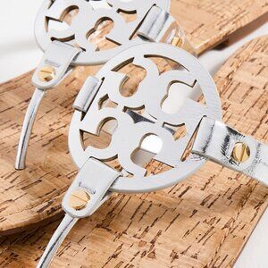 Tory Burch $228 Miller Sandals Patent Leather Silver Gold Rivets Cork 6 9.5 10